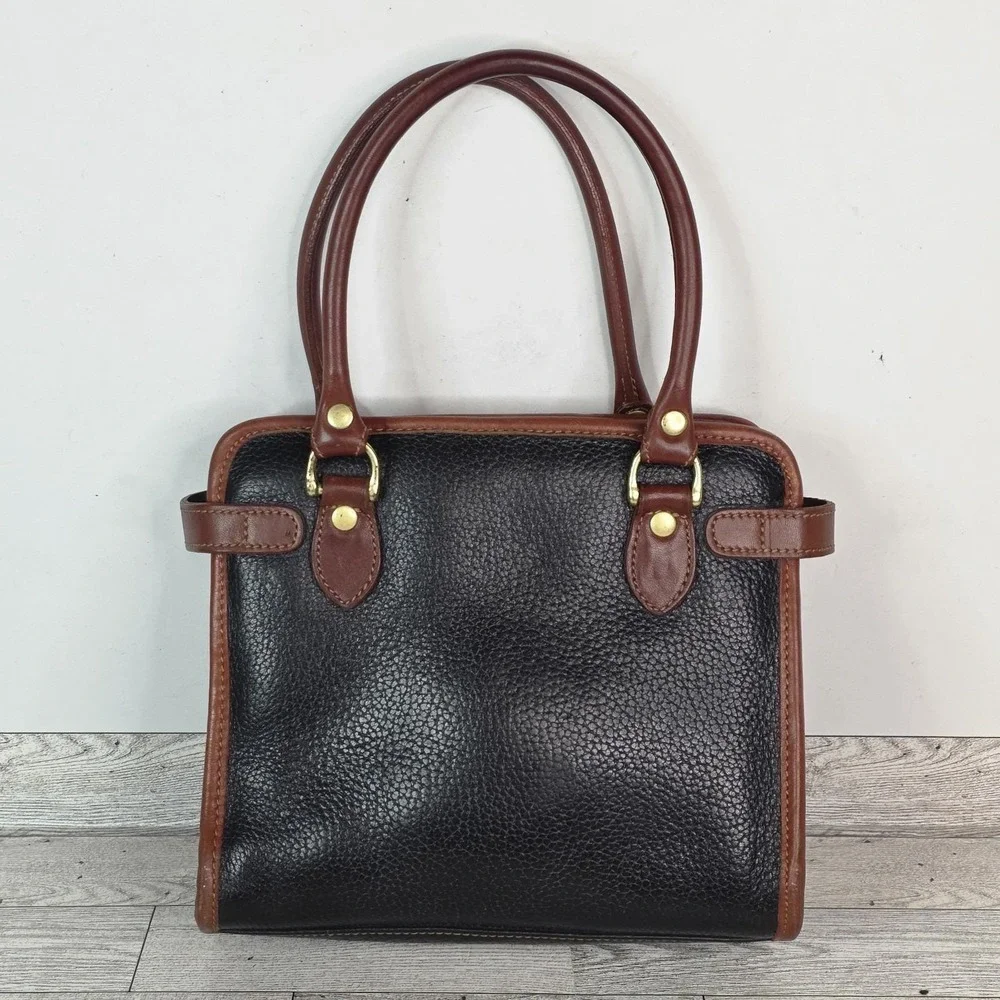 80s Vintage Liz Claiborne Genuine Leather Handbag Black Brown Trim Purse - Picture 3 of 13